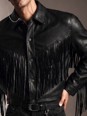Black Western Men's Fringe Button Front Jacket